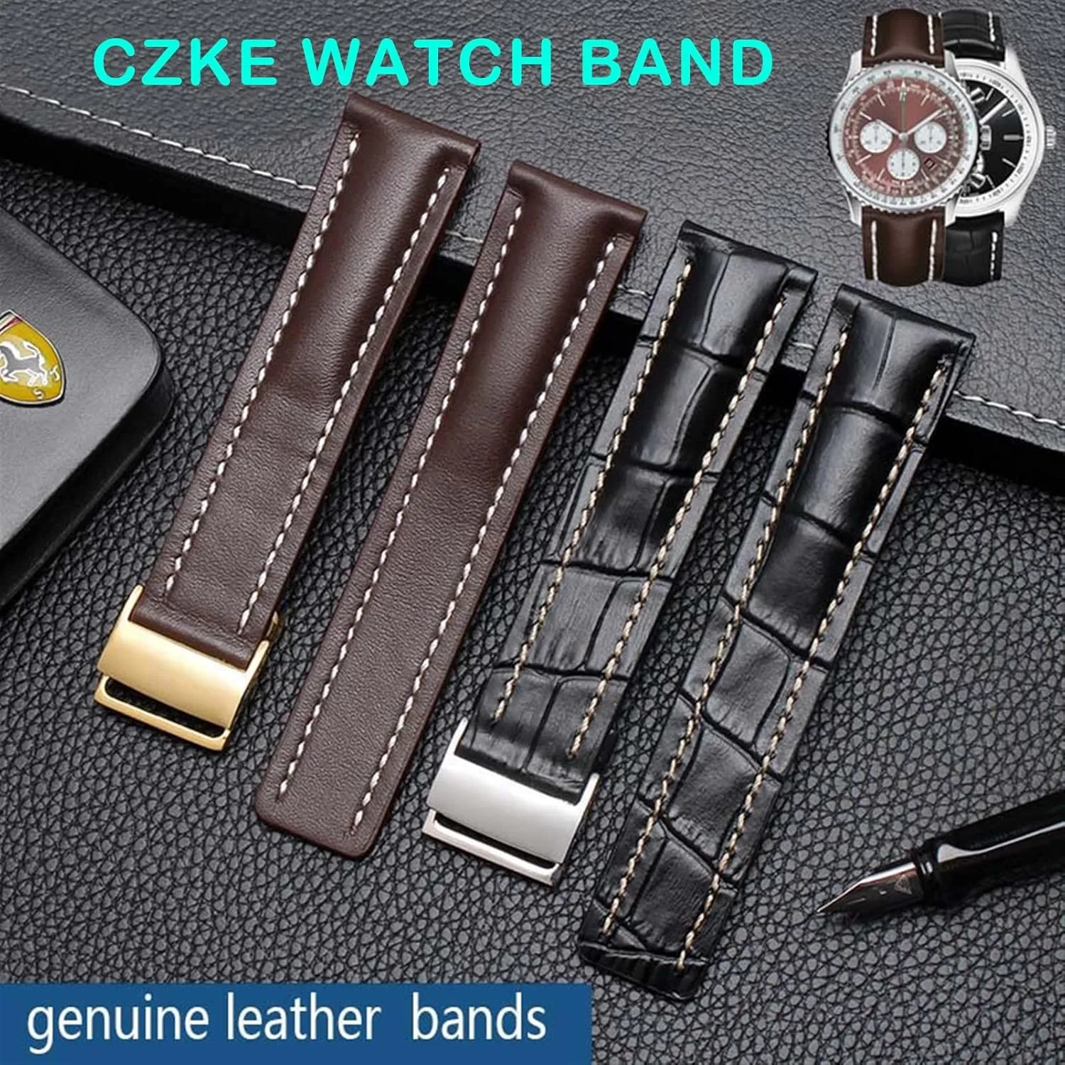 KLVN Genuine Leather Strap For Breitling watch Band cow leather bracelet with Deployment buckle 22mm 24mm WatchBands