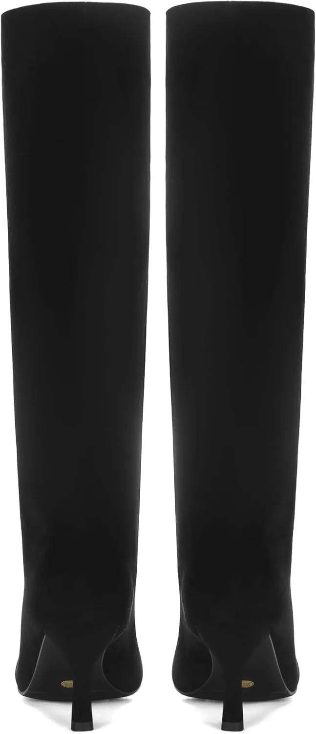 Knee High Boots for Women Faux Suede Wide Calf Square Toe Tall Stiletto Heels Long Fall Pull on Fashion Casual Cute