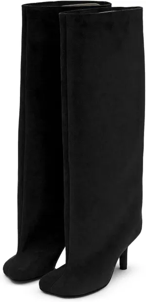 Knee High Boots for Women Faux Suede Wide Calf Square Toe Tall Stiletto Heels Long Fall Pull on Fashion Casual Cute