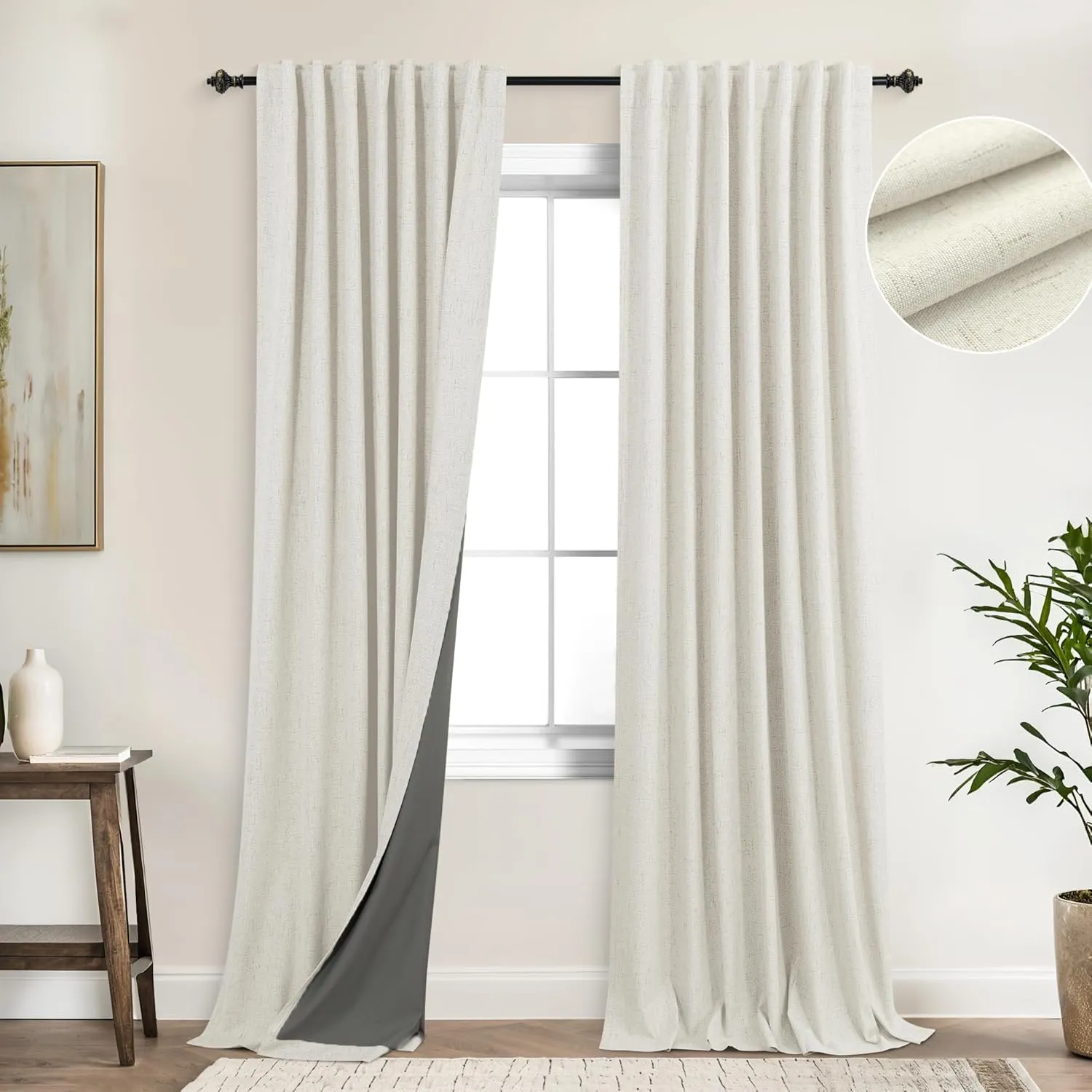 KOUFALL Blackout Curtains 84 Inch Length 2 Panels Set for Bedroom,Cream Thermal Back Tab Linen Textured Farmhouse Curtains for Living Room 84 Inches Long
