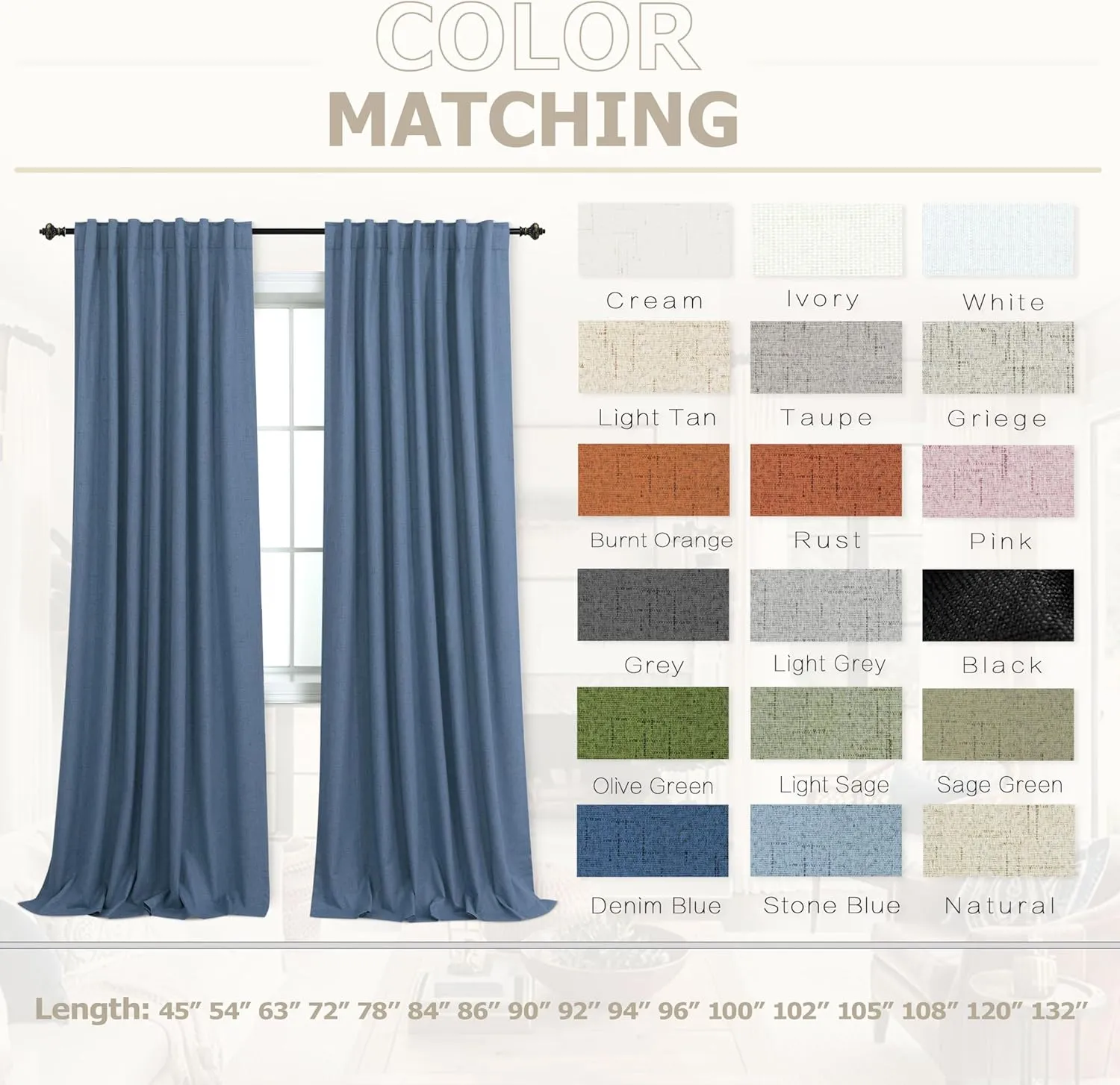 KOUFALL Denim Blue Back Tab Linen Blackout Curtains for Living Room 52 by 96 Inch Length