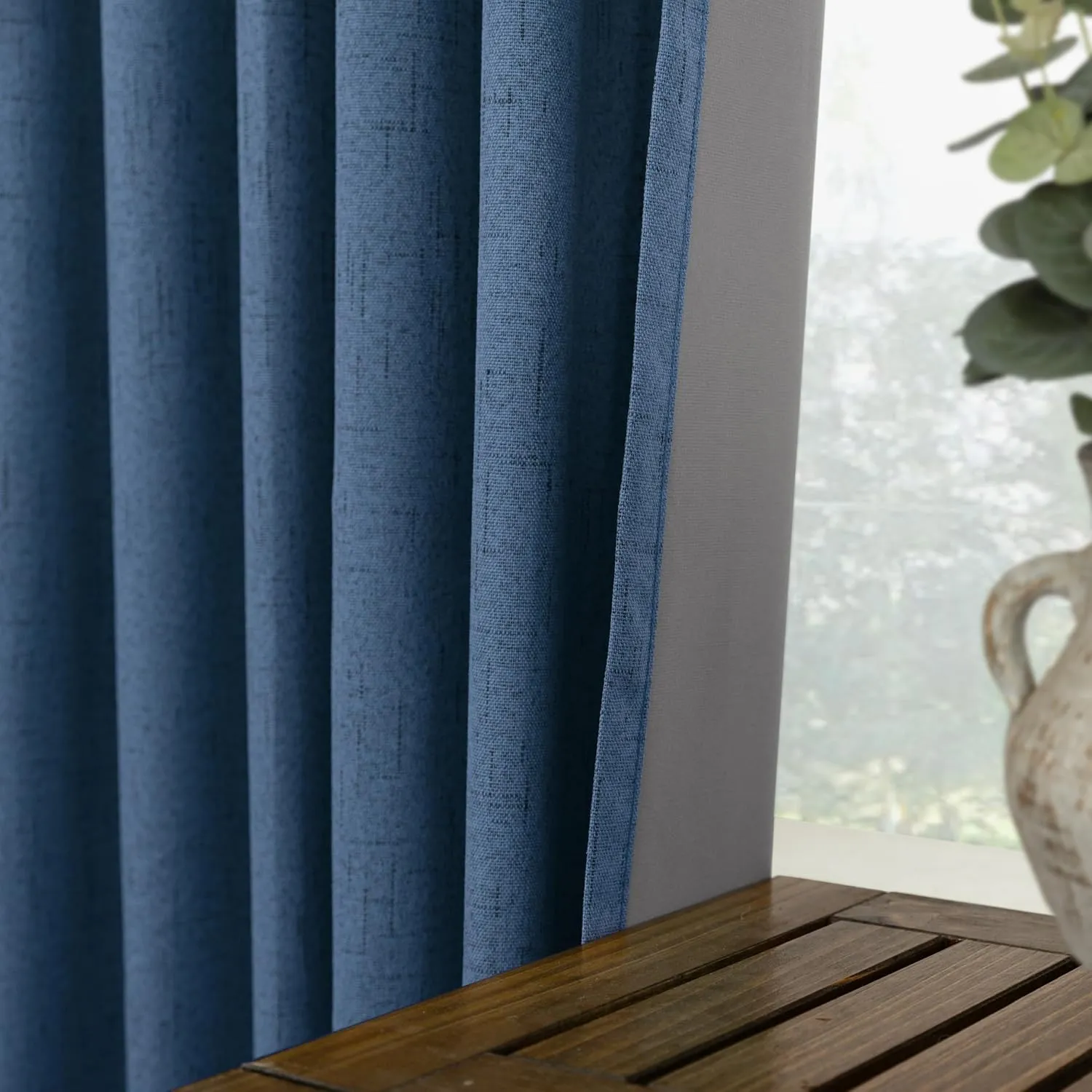 KOUFALL Denim Blue Back Tab Linen Blackout Curtains for Living Room 52 by 96 Inch Length