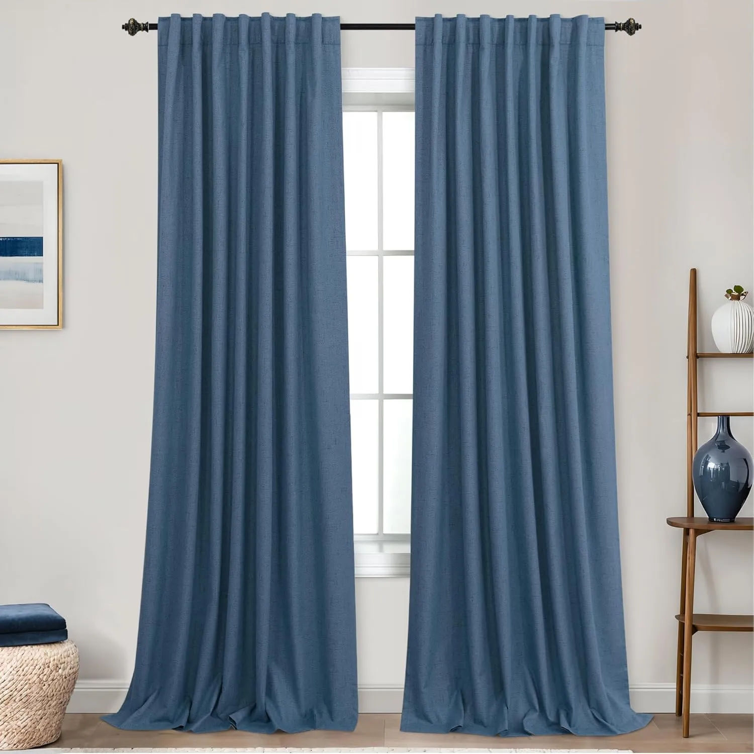 KOUFALL Denim Blue Back Tab Linen Blackout Curtains for Living Room 52 by 96 Inch Length