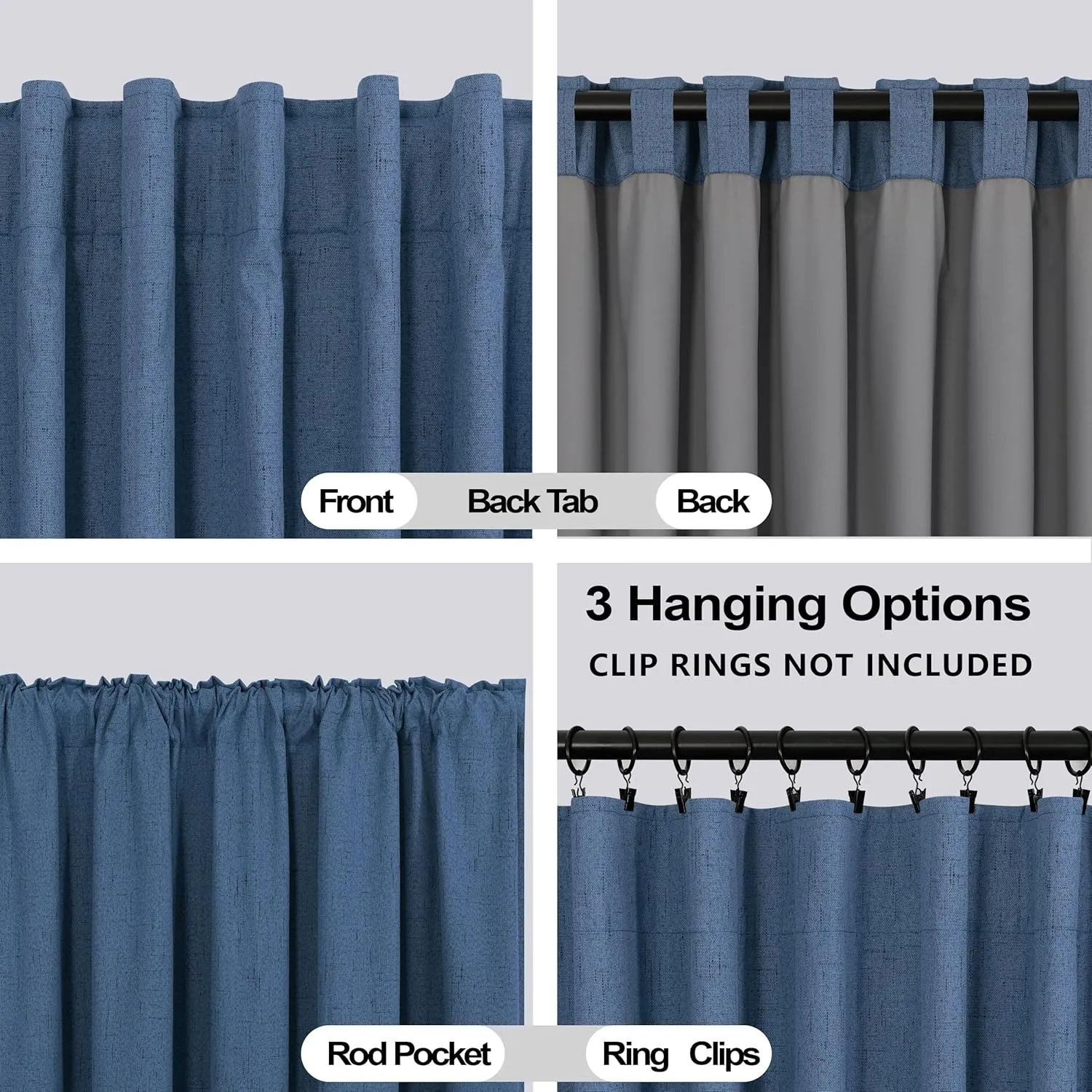 KOUFALL Denim Blue Back Tab Linen Blackout Curtains for Living Room 52 by 96 Inch Length