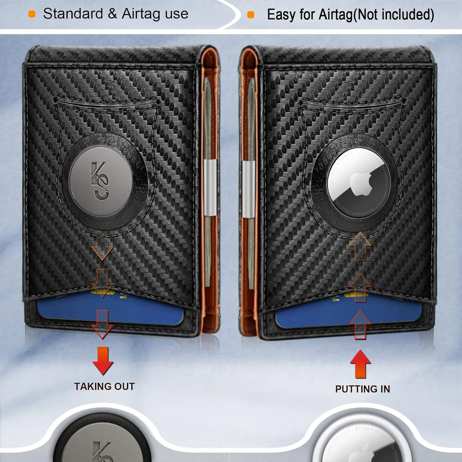 KS Mens Wallet Gift Airtag or Standard Use,Slim Front Pocket Leather Wallet Money Clip 11 cards RFID Blocking