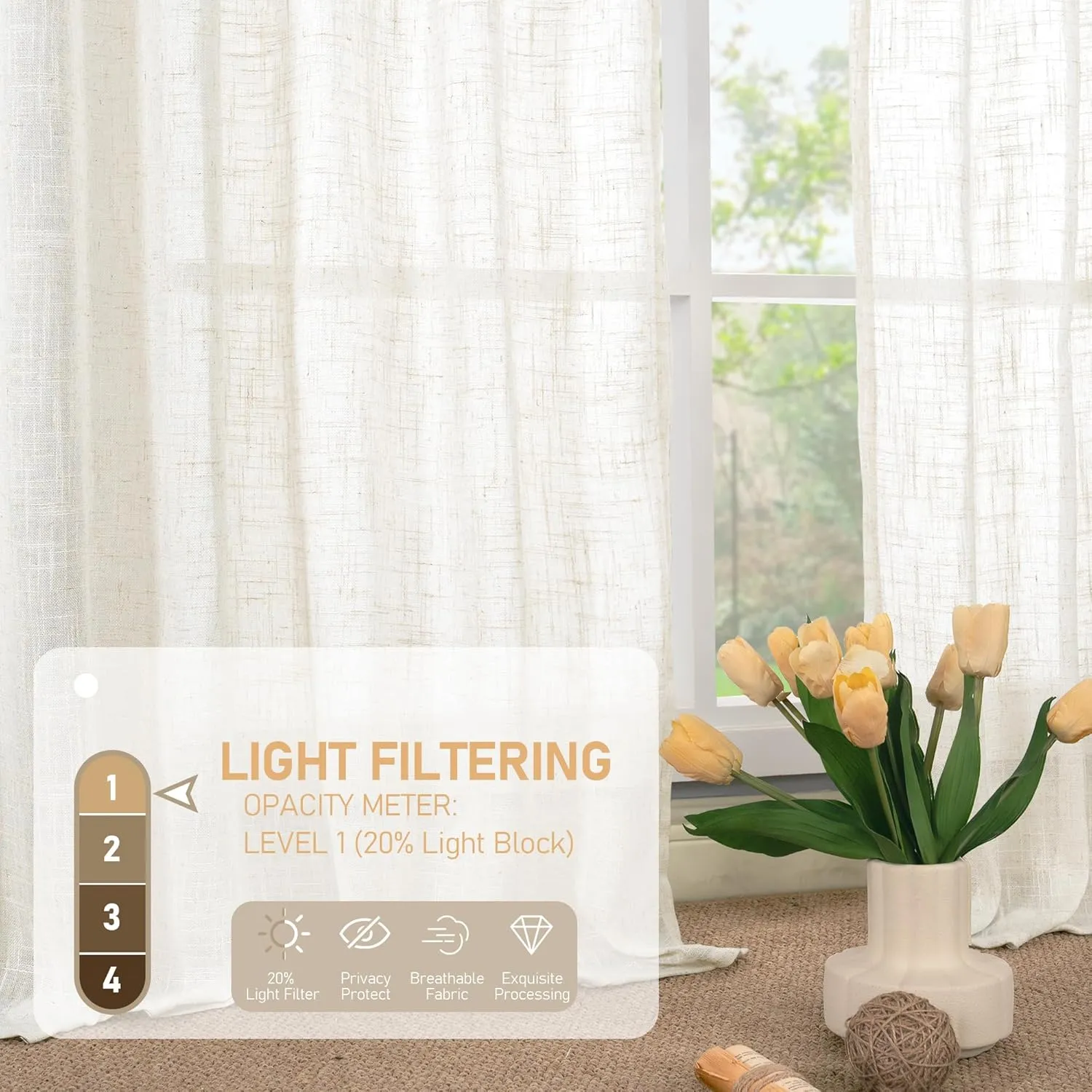 LAMIT Cream Linen Curtains 84 inch Length 2 Panels, Light Filtering Semi Sheer Panels Back Tab and Rod Pocket Neutral Boho Drapes for Bedroom/Living Room, 52 x 84 Inch