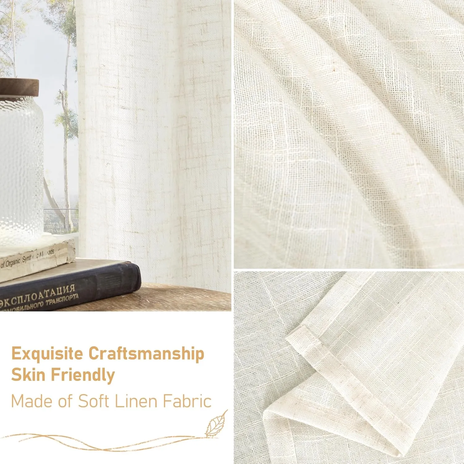 LAMIT Cream Linen Curtains 84 inch Length 2 Panels, Light Filtering Semi Sheer Panels Back Tab and Rod Pocket Neutral Boho Drapes for Bedroom/Living Room, 52 x 84 Inch