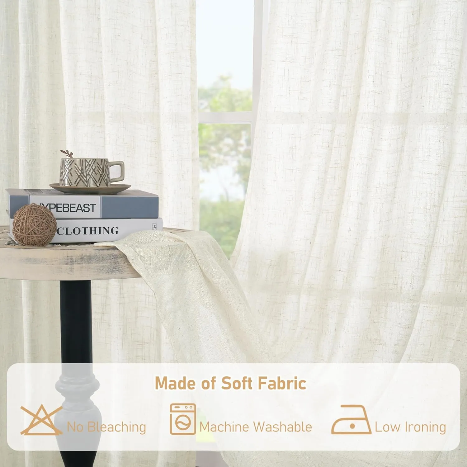 LAMIT Cream Linen Curtains 84 inch Length 2 Panels, Light Filtering Semi Sheer Panels Back Tab and Rod Pocket Neutral Boho Drapes for Bedroom/Living Room, 52 x 84 Inch
