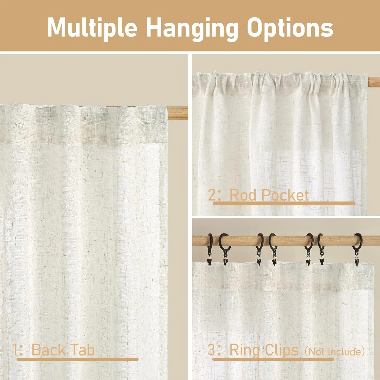 LAMIT Cream Linen Curtains 84 inch Length 2 Panels, Light Filtering Semi Sheer Panels Back Tab and Rod Pocket Neutral Boho Drapes for Bedroom/Living Room, 52 x 84 Inch