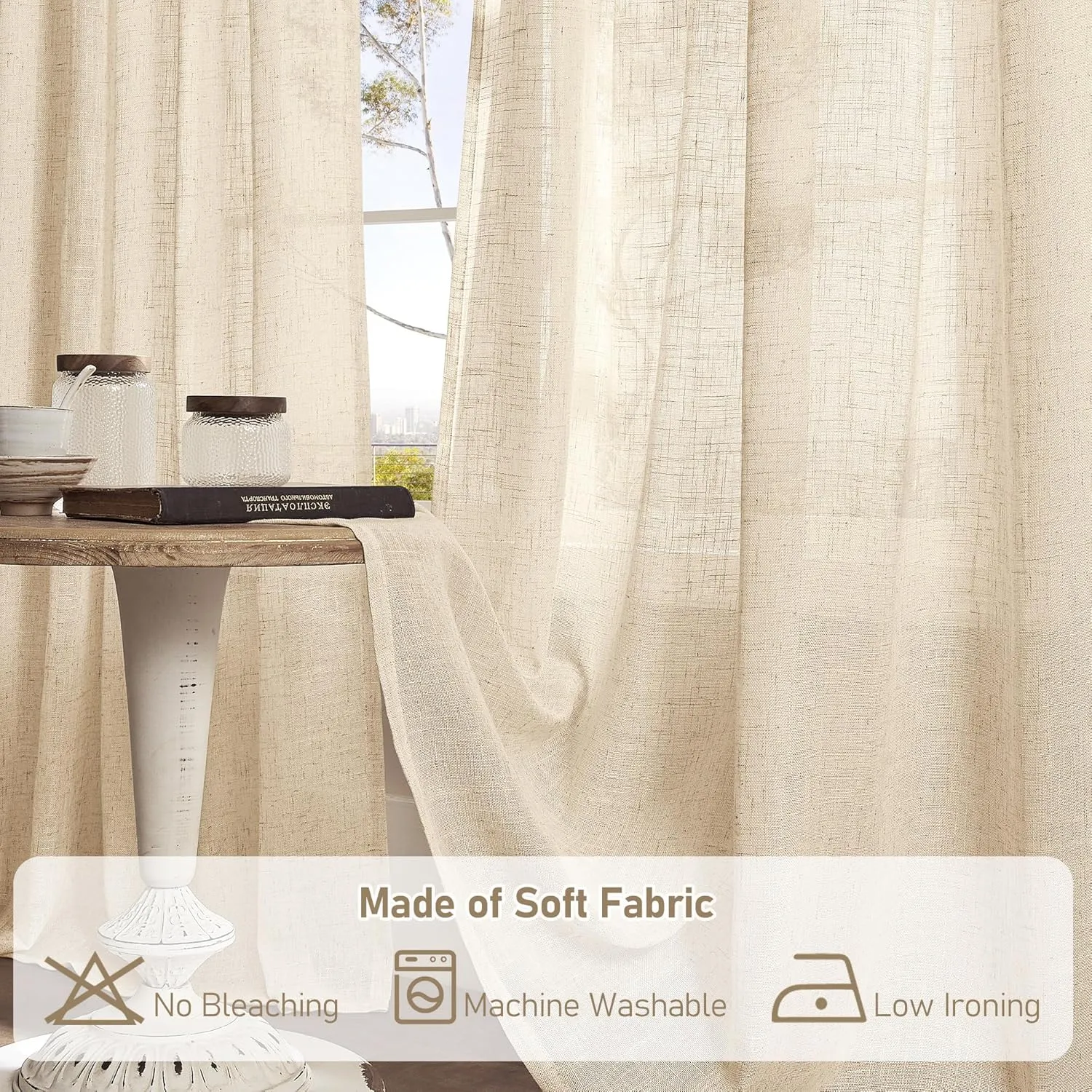 LAMIT Light Filtering Linen Curtains 84 inches Long for Bedroom, Faux Linen Textured Semi Sheer Back Tab and Rod Pocket Burlap Boho Modern Drapes for Living Room/Farmhouse, 2 Panels, 52 x 84 Inch