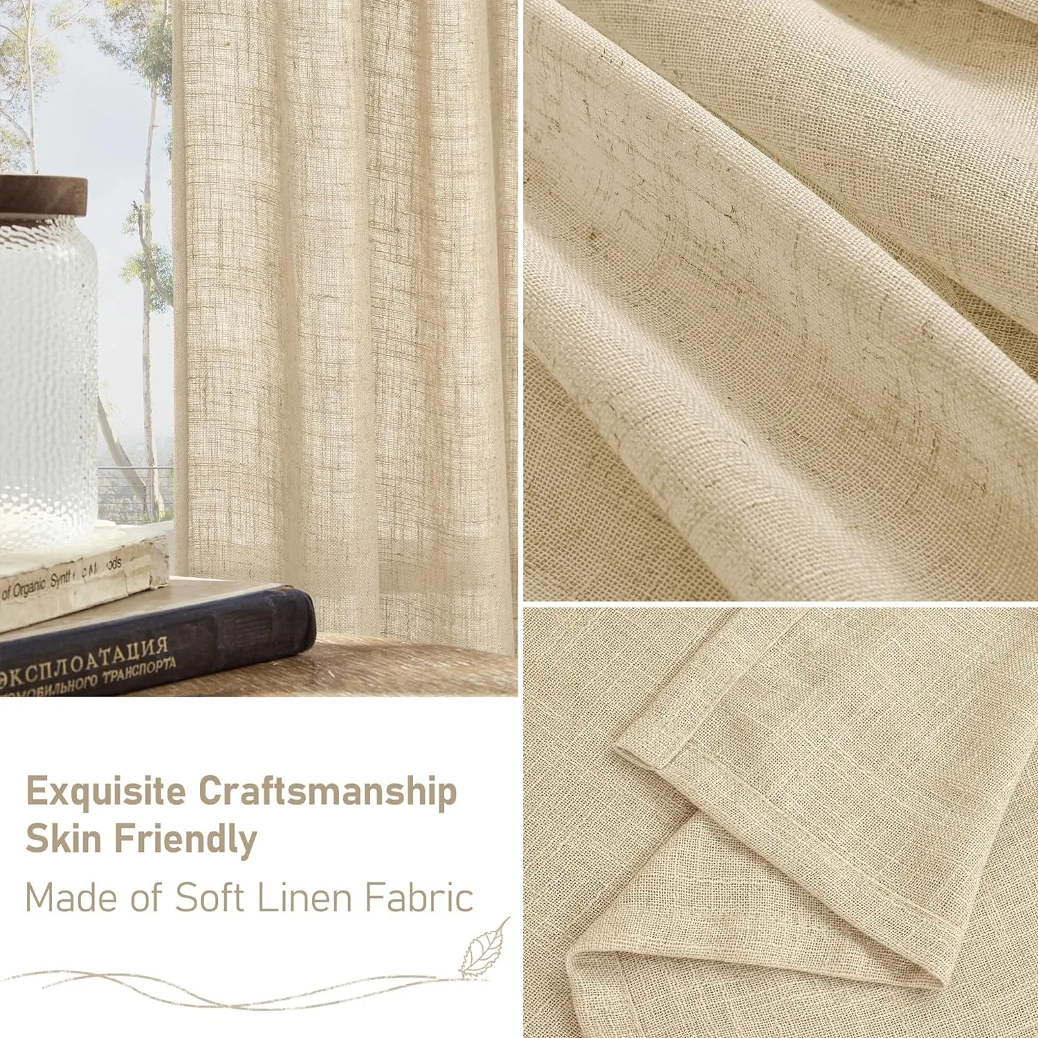 LAMIT Light Filtering Linen Curtains 84 inches Long for Bedroom, Faux Linen Textured Semi Sheer Back Tab and Rod Pocket Burlap Boho Modern Drapes for Living Room/Farmhouse, 2 Panels, 52 x 84 Inch