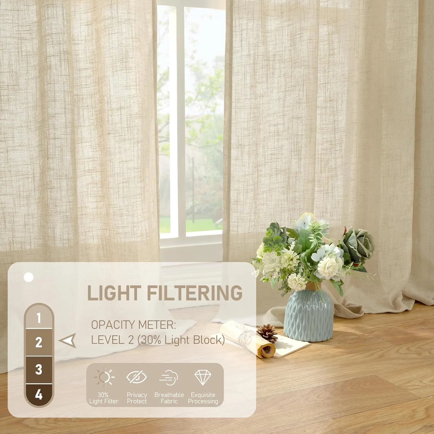 LAMIT Light Filtering Linen Curtains 84 inches Long for Bedroom, Faux Linen Textured Semi Sheer Back Tab and Rod Pocket Burlap Boho Modern Drapes for Living Room/Farmhouse, 2 Panels, 52 x 84 Inch