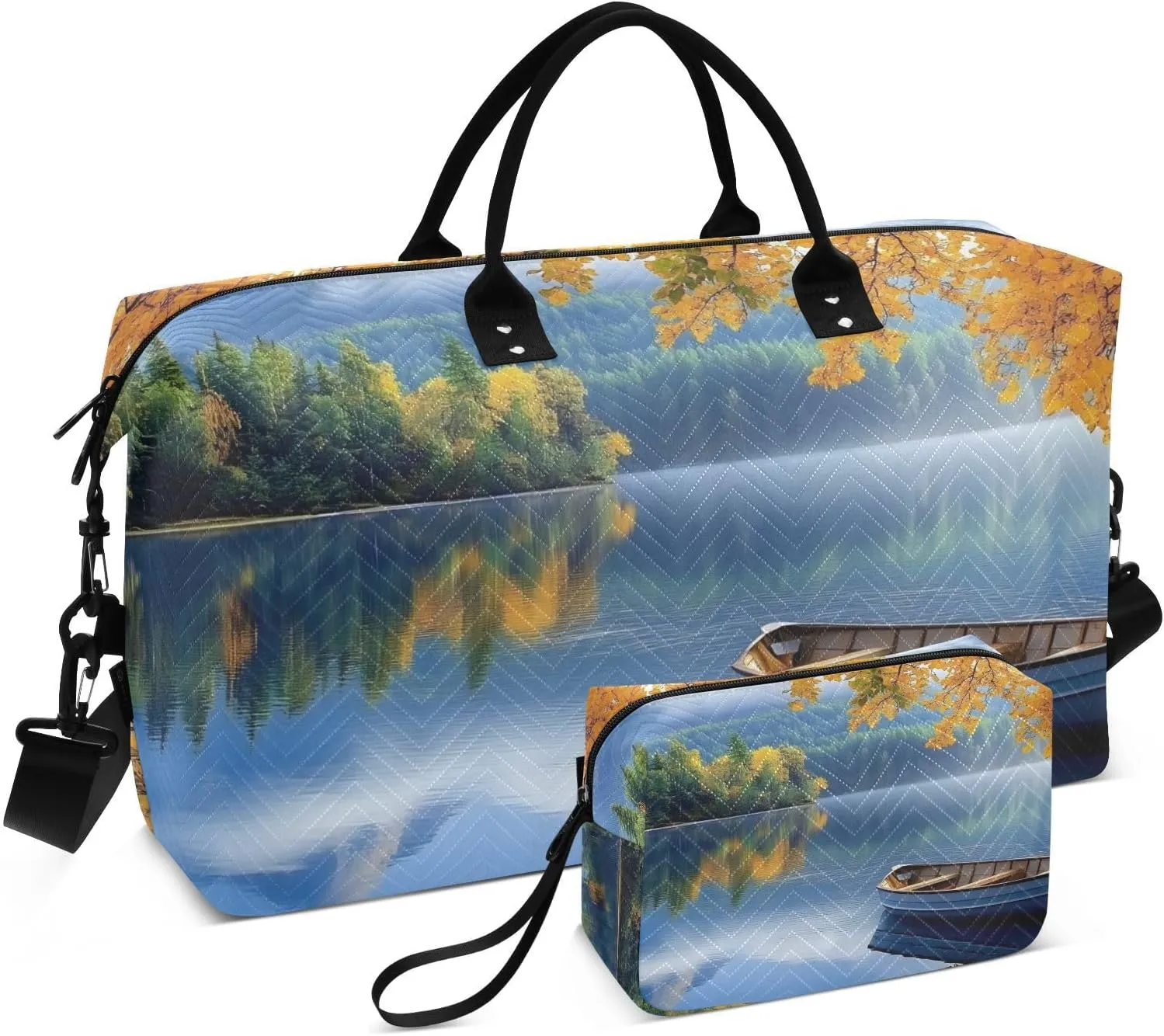 Landscape Boat Lake Autumn Duffel Bag for Traveling, Travel Bag Gym Bag, with Multiple Interior Pockets Shoulder Weekender Bag for Women Men with Toiletry Bag 20.5L x 1.9W x 13.8H