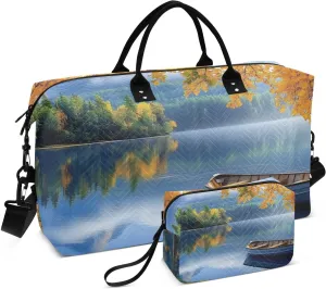 Landscape Boat Lake Autumn Duffel Bag for Traveling, Travel Bag Gym Bag, with Multiple Interior Pockets Shoulder Weekender Bag for Women Men with Toiletry Bag 20.5L x 1.9W x 13.8H
