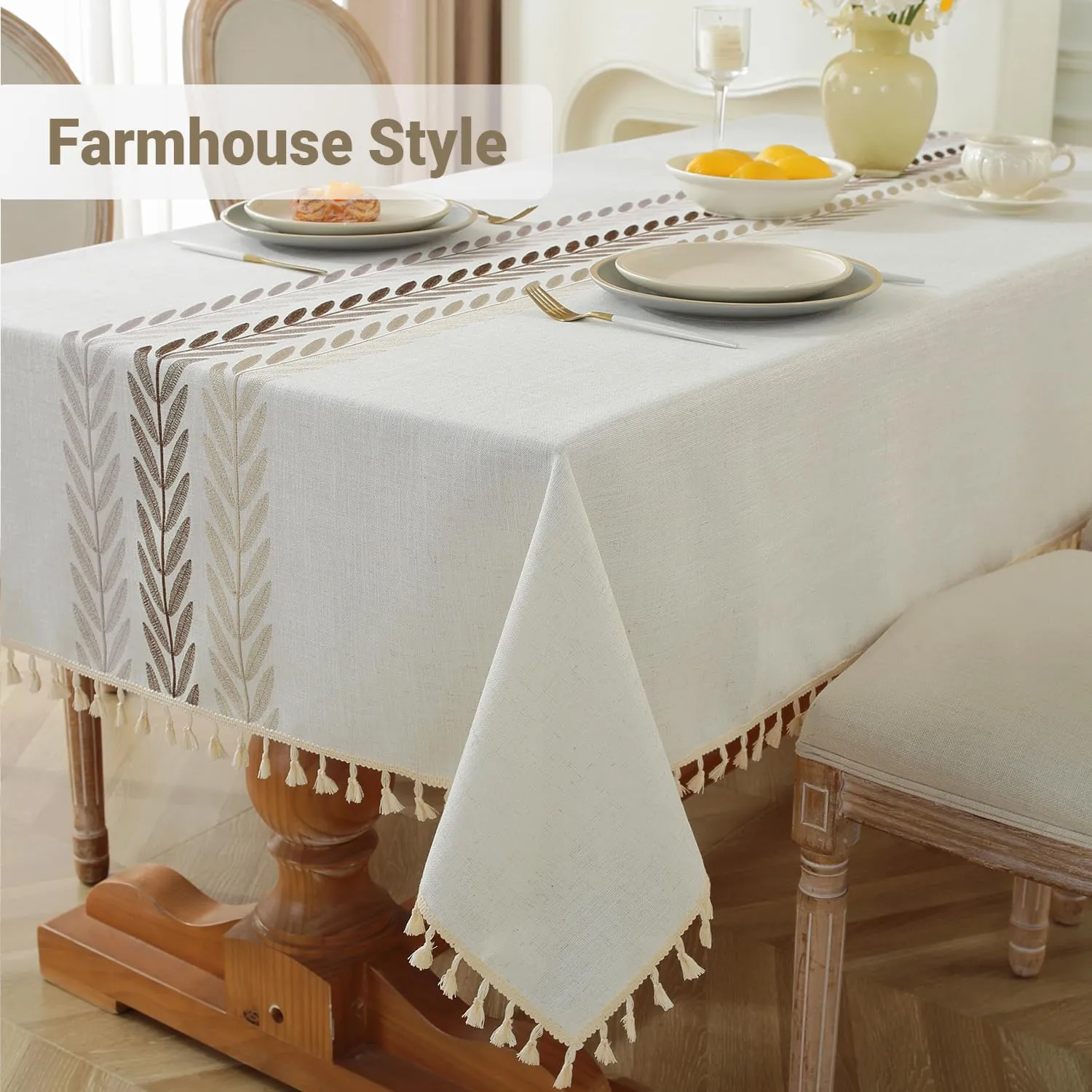 Laolitou Cotton Linen Waterproof Tablecloth for Dining Table Farmhouse Kitchen Rectangle Table Cloth Coffee Wrinkle Free Cover, Beige, Wine Leaf, 55x70 Inch