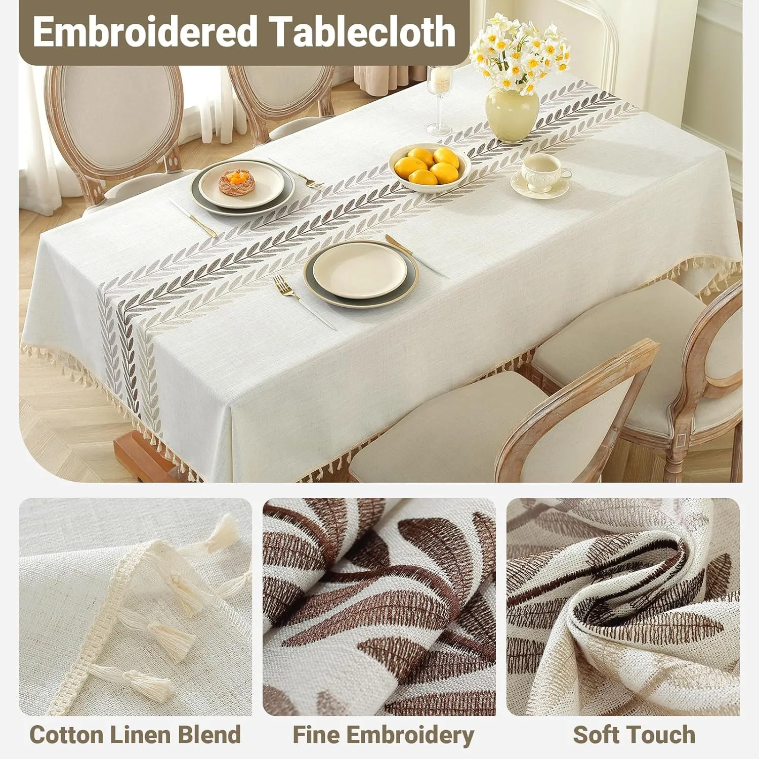 Laolitou Cotton Linen Waterproof Tablecloth for Dining Table Farmhouse Kitchen Rectangle Table Cloth Coffee Wrinkle Free Cover, Beige, Wine Leaf, 55x70 Inch