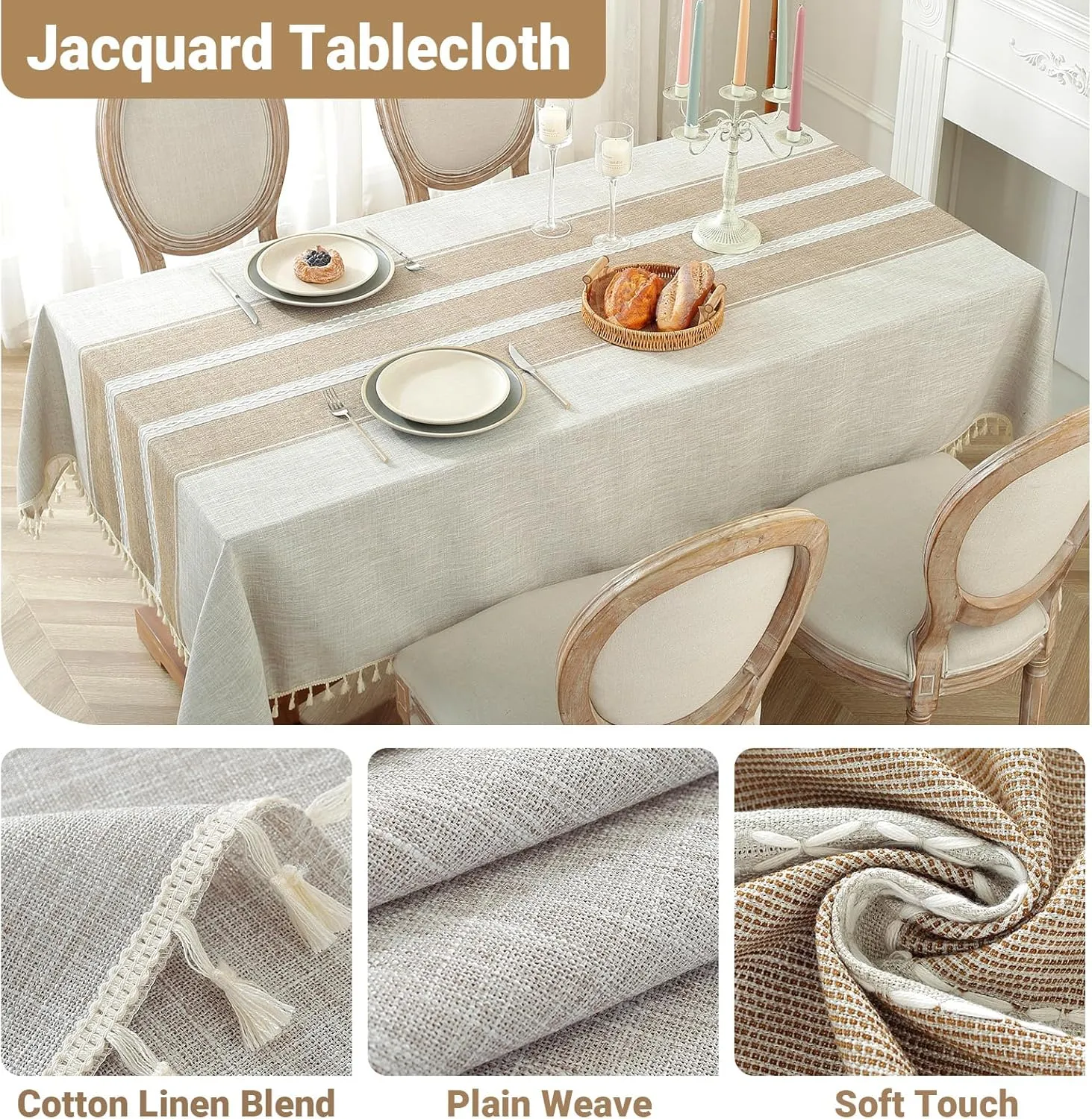 Laolitou Cotton Linen Waterproof Tablecloth for Dining Table Rustic Farmhouse Kitchen Rectangle Table Cloth Coffee Tables Cover, Coffee Lines, 55x70 Inch