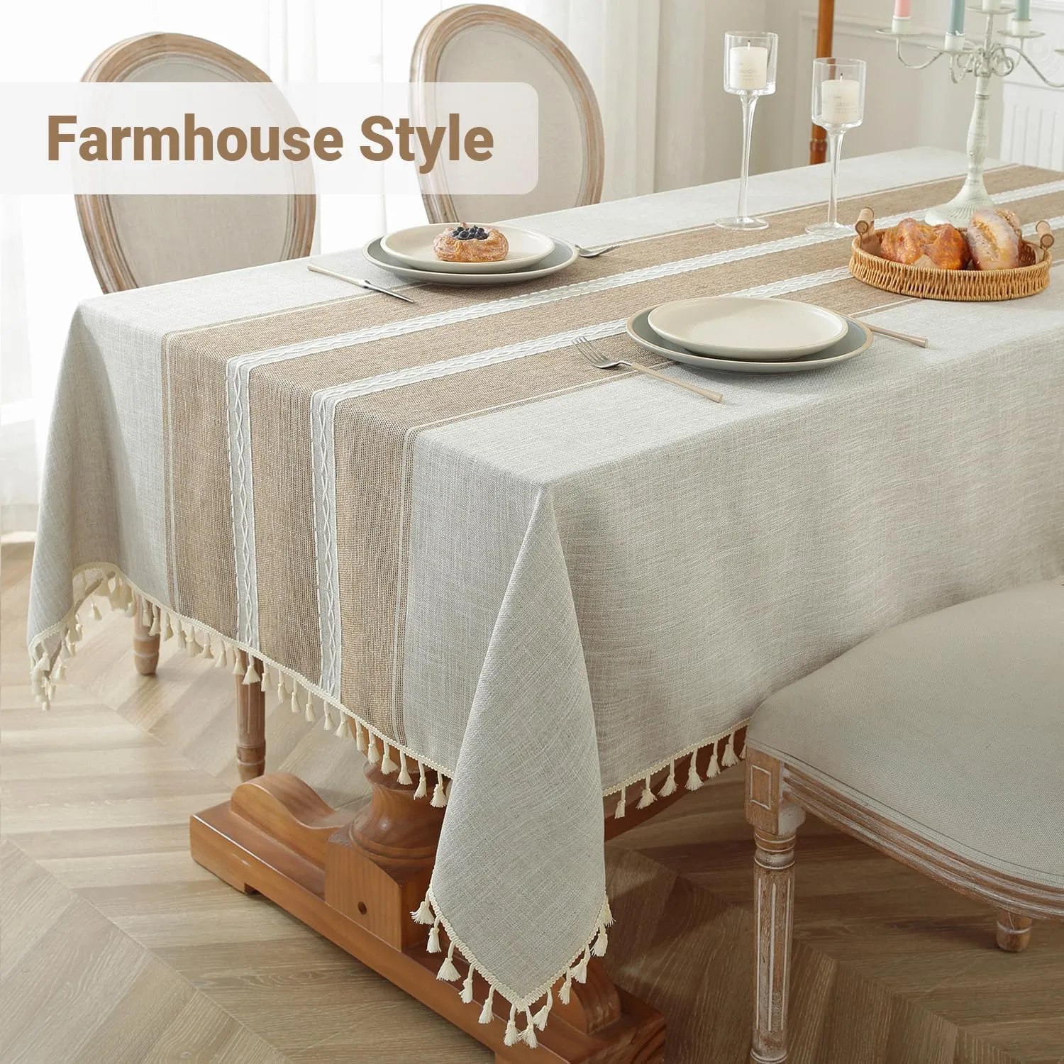 Laolitou Cotton Linen Waterproof Tablecloth for Dining Table Rustic Farmhouse Kitchen Rectangle Table Cloth Coffee Tables Cover, Coffee Lines, 55x70 Inch
