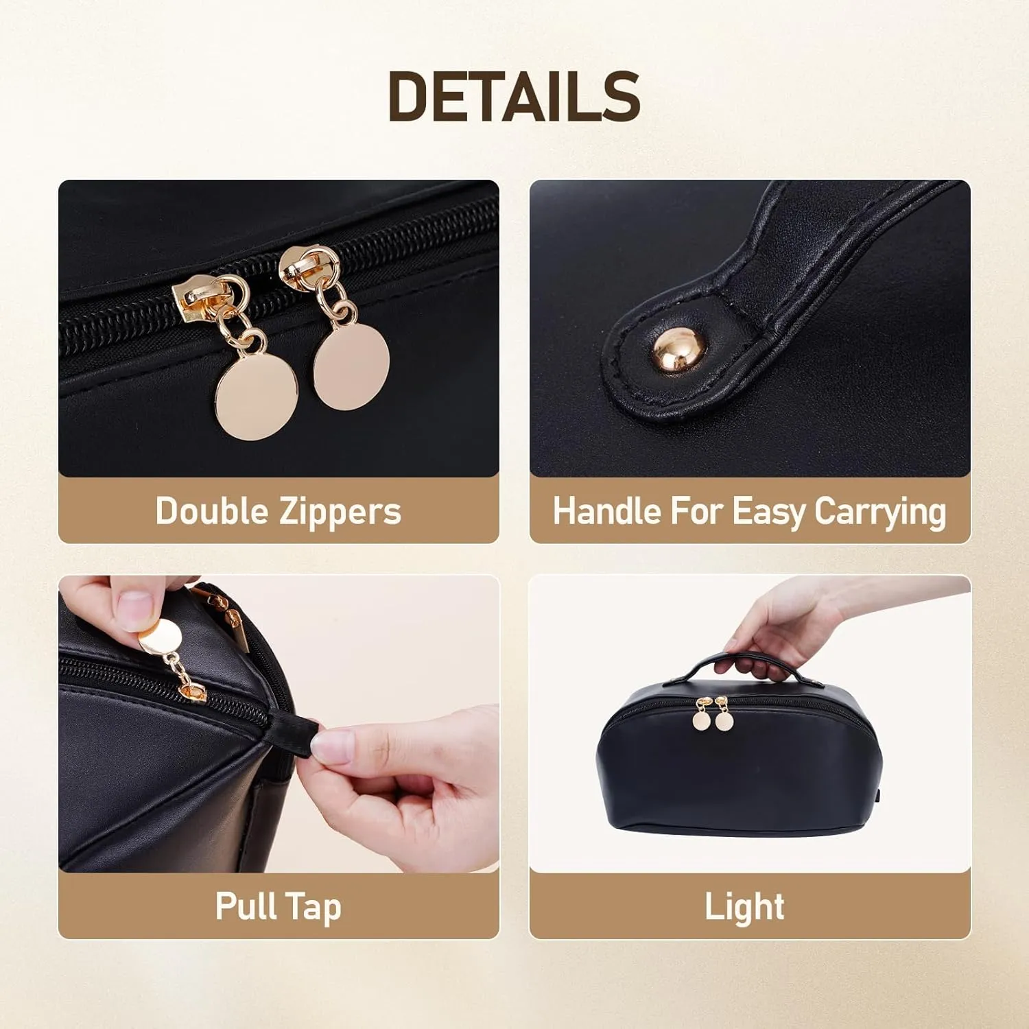 Large Capacity Cosmetic Bag for Women, Waterproof PU Leather Makeup Bag for Travel,Toiletry Bag Make up Organizer with Divider and Handle (Black)
