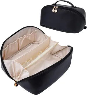 Large Capacity Cosmetic Bag for Women, Waterproof PU Leather Makeup Bag for Travel,Toiletry Bag Make up Organizer with Divider and Handle (Black)