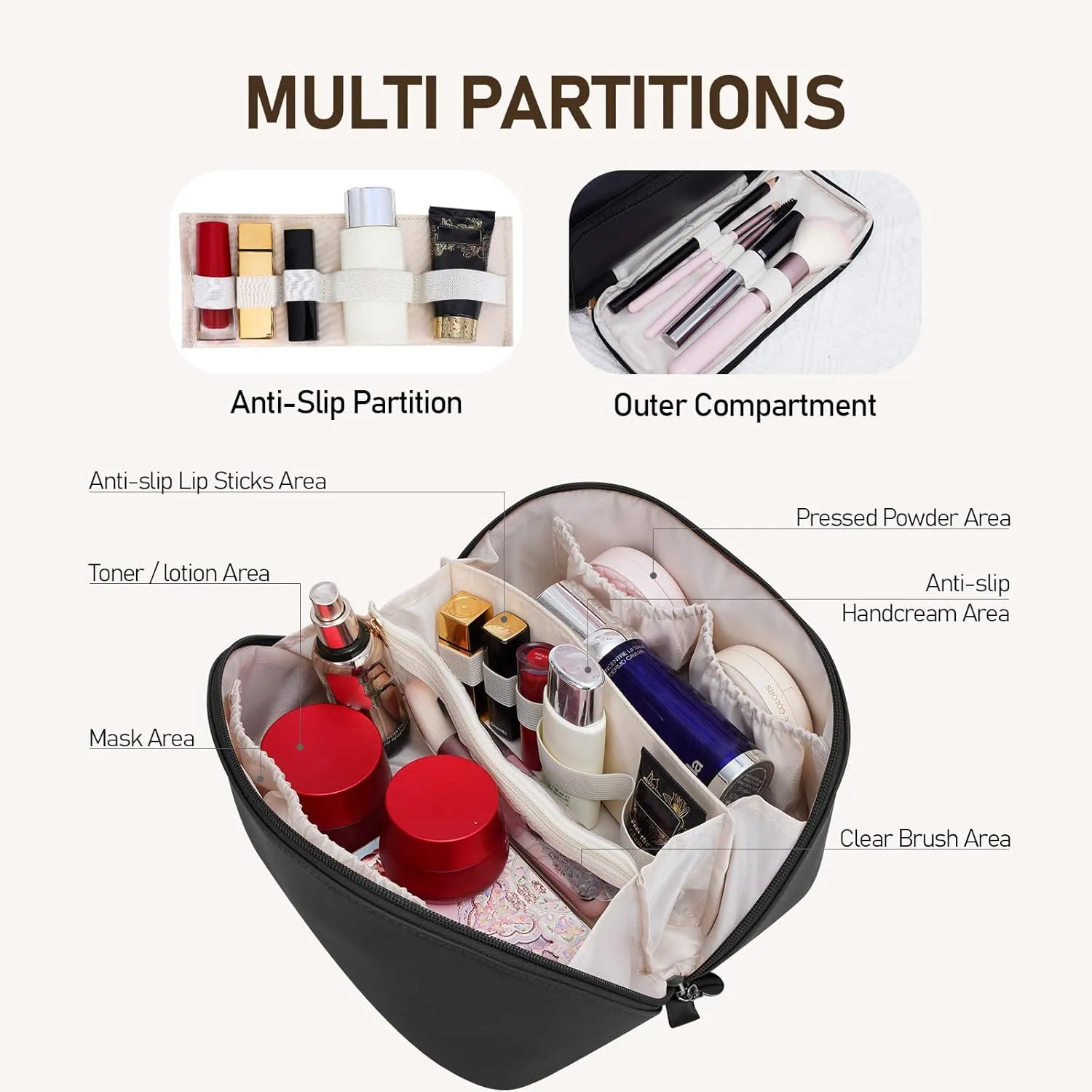 Large Capacity Cosmetic Bag for Women, Waterproof PU Leather Makeup Bag for Travel,Toiletry Bag Make up Organizer with Divider and Handle (Black)