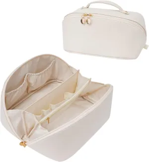 Large Capacity Cosmetic Bag for Women, Waterproof PU Leather Makeup Bag for Travel,Toiletry Bag Make up Organizer with Divider and Handle (White)