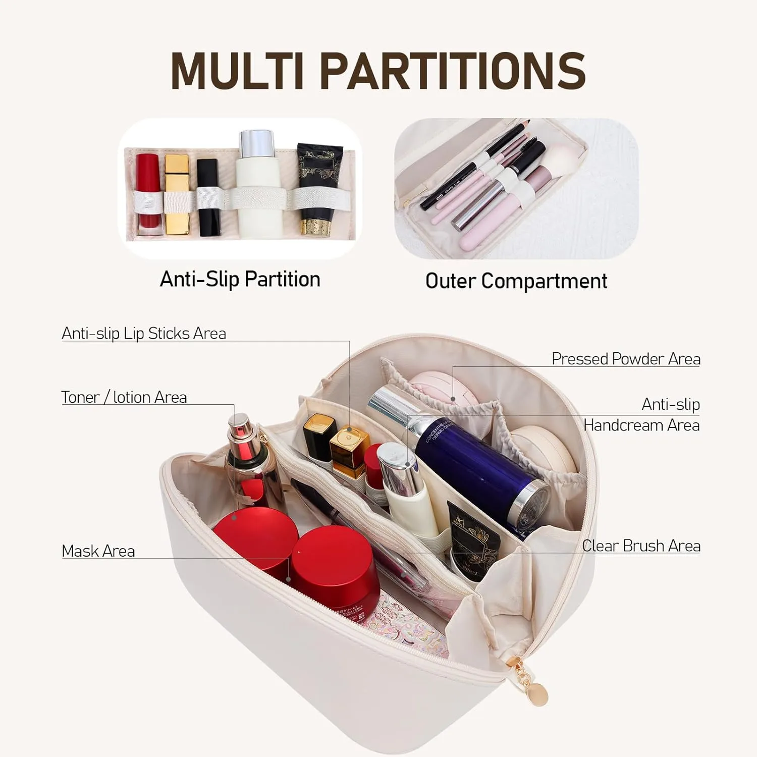 Large Capacity Cosmetic Bag for Women, Waterproof PU Leather Makeup Bag for Travel,Toiletry Bag Make up Organizer with Divider and Handle (White)