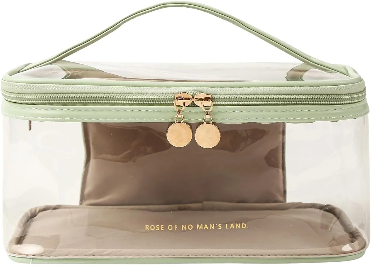 Large Clear Makeup Bag Big Cosmetic Bags Waterproof Toiletry Orangizer with Handle Transparent Toiletries Case Travel Pouch for Women Girls Daily Beauty Purse Essentials Skincare Bag Green