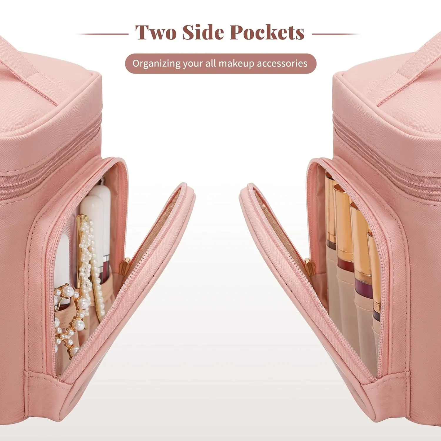 Large Makeup Bag, Portable Travel Makeup Bag Organizer for Women Girls with Makeup Brush Compartment & Two Side Pockets, Cosmetic Travel Bag Vertical Storage Toiletry - Pink