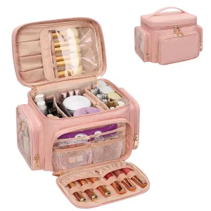 Large Makeup Bag, Portable Travel Makeup Bag Organizer for Women Girls with Makeup Brush Compartment & Two Side Pockets, Cosmetic Travel Bag Vertical Storage Toiletry - Pink