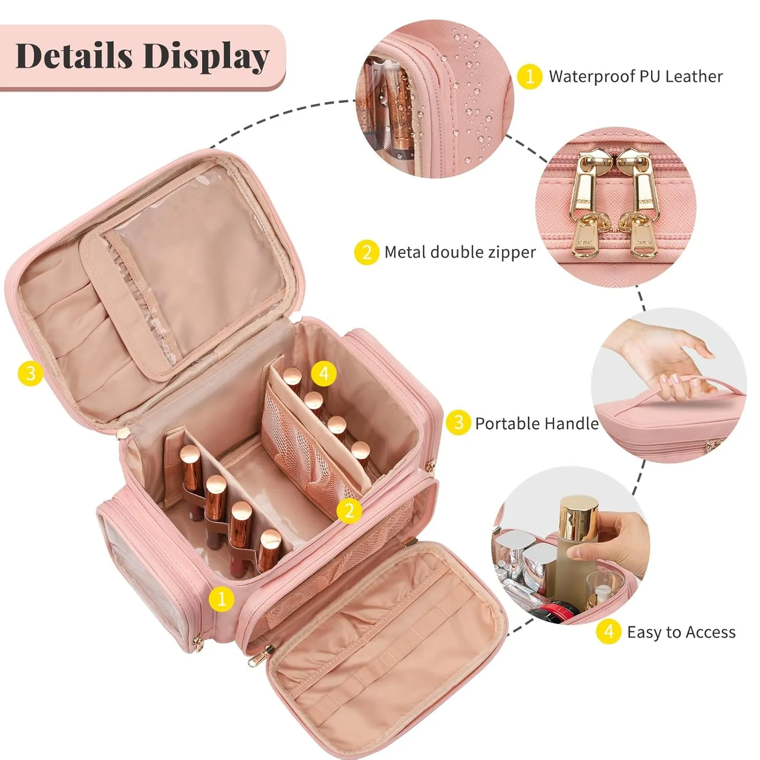 Large Makeup Bag, Portable Travel Makeup Bag Organizer for Women Girls with Makeup Brush Compartment & Two Side Pockets, Cosmetic Travel Bag Vertical Storage Toiletry - Pink