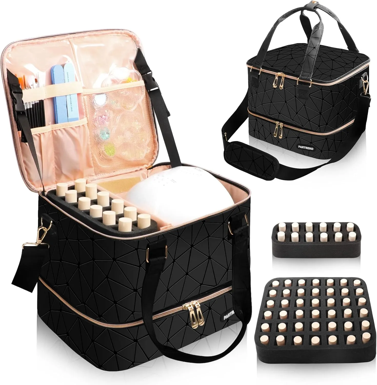 Large Nail Polish Organizer Fits 54 Bottles (15ml-0.5 fl.oz)& Nail Lamp, Double Layer Nail Supplies Organizer Bag with Holder Strip, PU Leather Nail Kit Storage Travel Case for Women (Black)