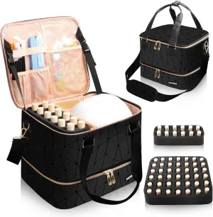 Large Nail Polish Organizer Fits 54 Bottles (15ml-0.5 fl.oz)& Nail Lamp, Double Layer Nail Supplies Organizer Bag with Holder Strip, PU Leather Nail Kit Storage Travel Case for Women (Black)