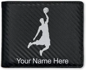 LaserGram Faux Leather Bi-Fold Wallet, Basketball Slam Dunk Man, Personalized Engraving Included (Carbon Fiber Black with Silver)