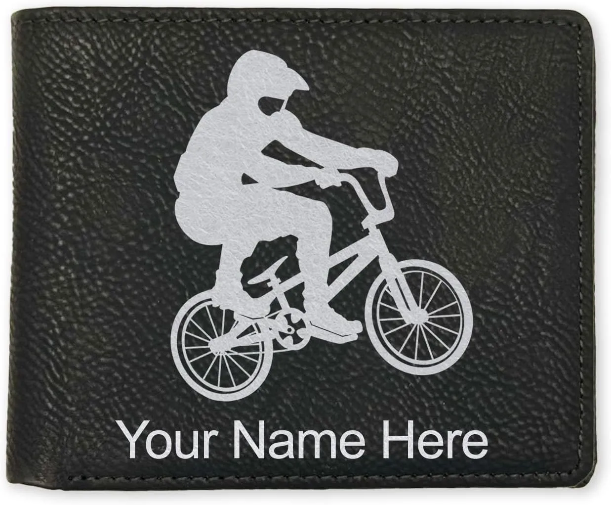 LaserGram Faux Leather Bi-Fold Wallet, BMX Rider, Personalized Engraving Included (Black with Silver)