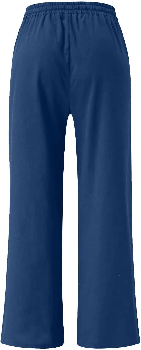 Lastesso Linen Pants Women Plus Size Elastic Waistband Straight Palazzo Flowy Trousers Comfy Summer Cotton Hawaiian Outfits