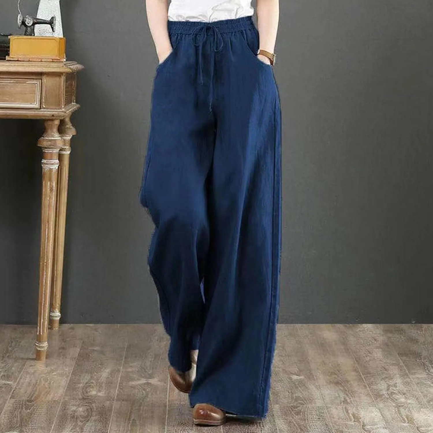 Lastesso Linen Pants Women Plus Size Elastic Waistband Straight Palazzo Flowy Trousers Comfy Summer Cotton Hawaiian Outfits