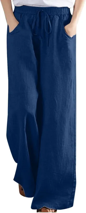 Lastesso Linen Pants Women Plus Size Elastic Waistband Straight Palazzo Flowy Trousers Comfy Summer Cotton Hawaiian Outfits