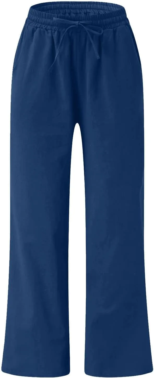 Lastesso Linen Pants Women Plus Size Elastic Waistband Straight Palazzo Flowy Trousers Comfy Summer Cotton Hawaiian Outfits