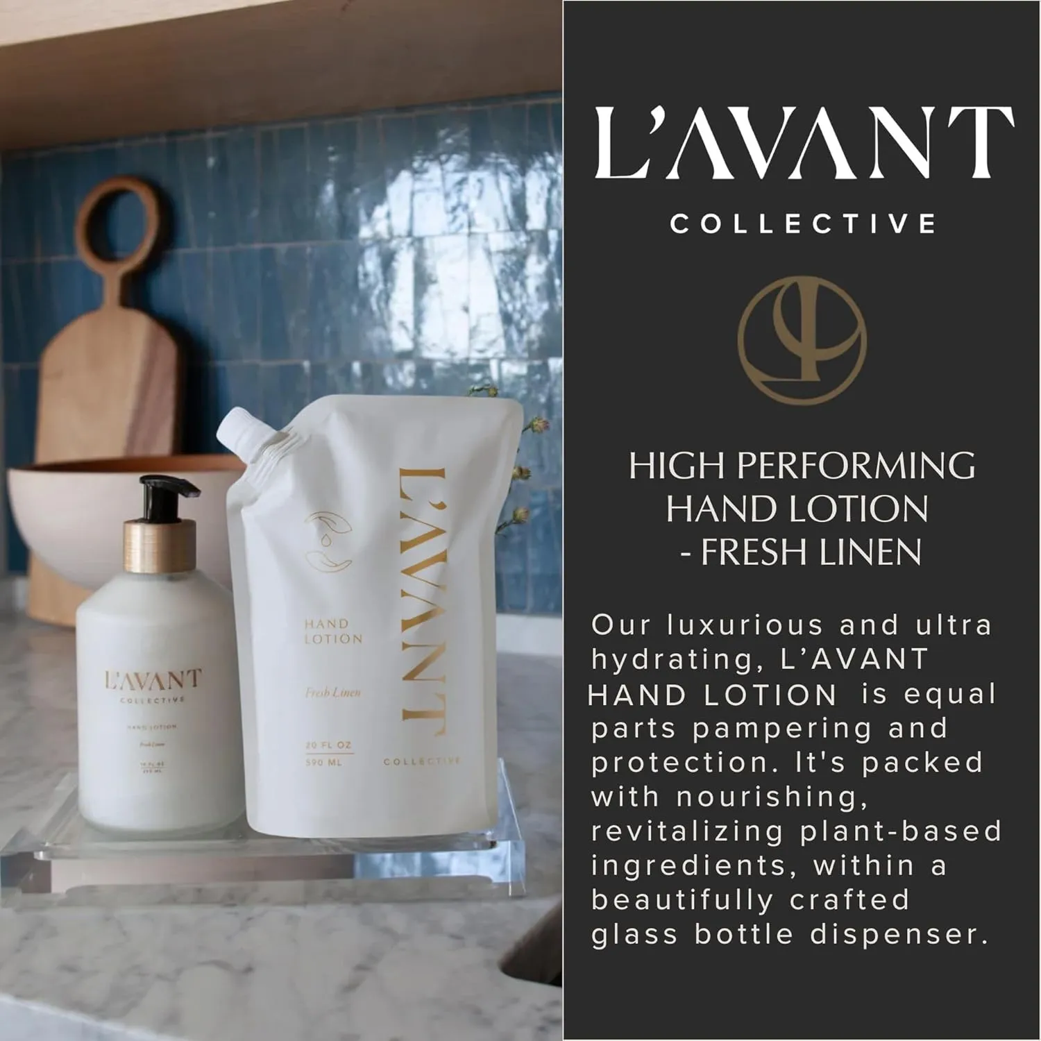L'AVANT Collective Luxury Hand Lotion Refill - High Performing Moisturizing Hand Cream for Dry, Cracked Hands, Nails & Cuticles - Hydrating Shea Butter Formula (20 oz Fresh Linen)