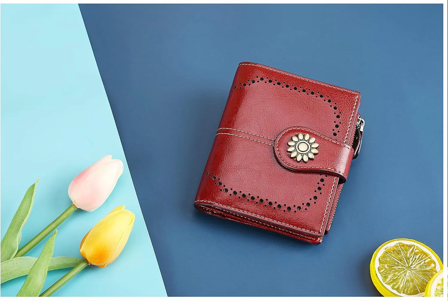Lavemi Womens Leather Wallet Small Compact RFID Blocking Credit Card Case Purse with Zipper Pocket