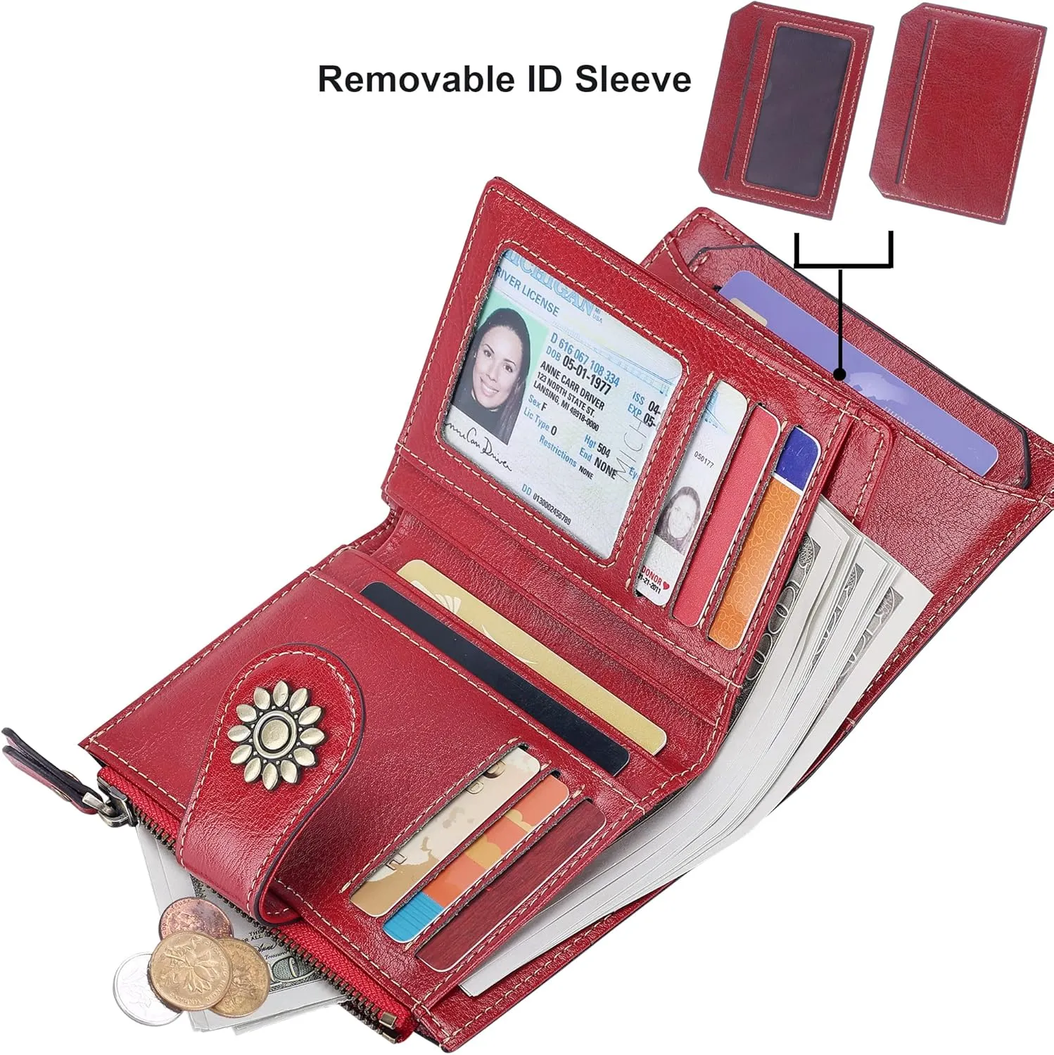 Lavemi Womens Leather Wallet Small Compact RFID Blocking Credit Card Case Purse with Zipper Pocket