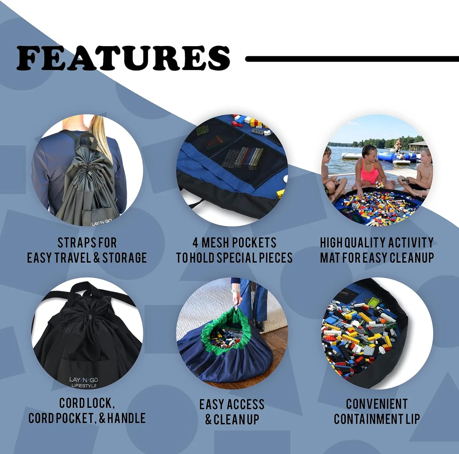Lay-n-Go 2-in-1 Portable Drawstring Toys Storage Organizer and Play Mat for Room and Travel, Made for Kids and Toddlers with a Durable Patented Design