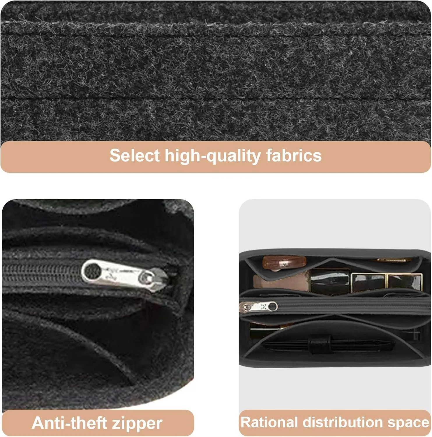 Lckaey Felt Bag Organizer for Celine Small Bag Insert, Black, Rectangular, Zipper Closure, Small (7.28 * 3.34 * 5.5 inches), Lightweight, Portable