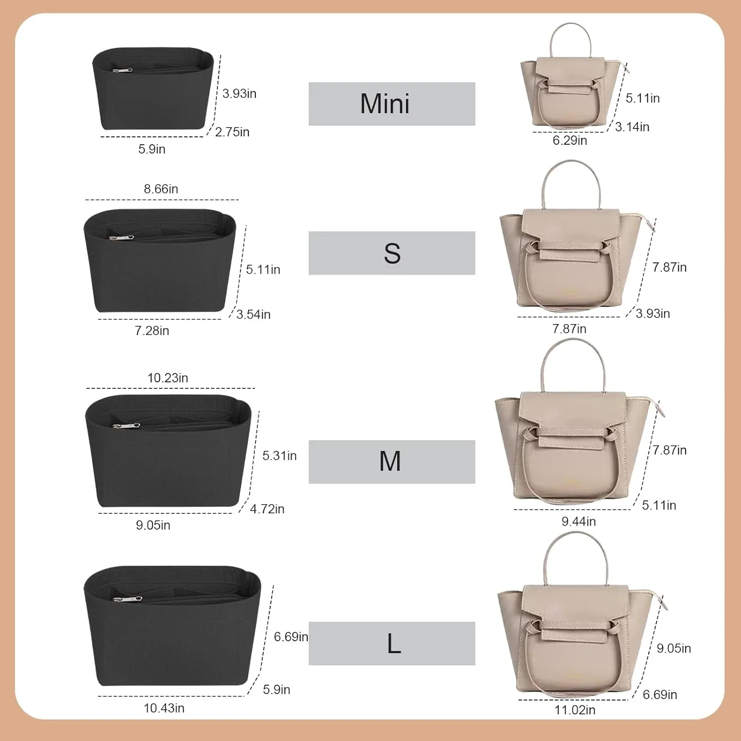 Lckaey Felt Bag Organizer for Celine Small Bag Insert, Black, Rectangular, Zipper Closure, Small (7.28 * 3.34 * 5.5 inches), Lightweight, Portable