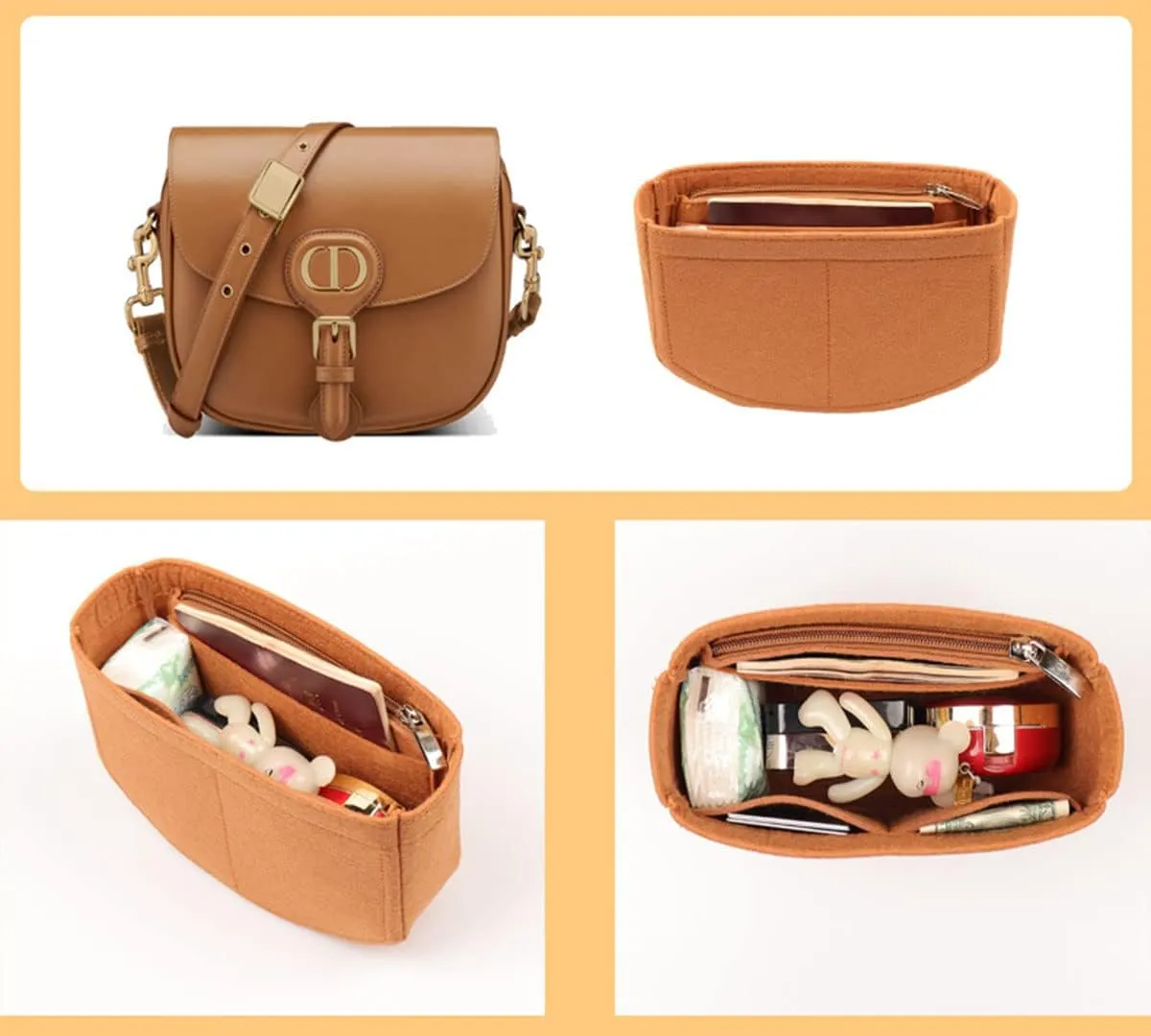 Lckaey Felt Insert Purse Organizer for saddle bag bobby liner bag handbag storage bag2045Caramel -S