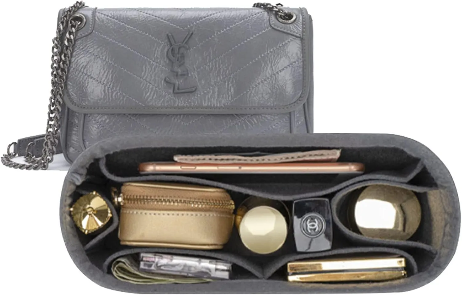 Lckaey Purse Insert Organizer for medium niki matelassé crinkled leather shoulder bag saint laurent 2043Grey blue-M