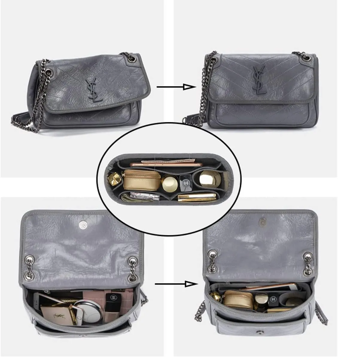 Lckaey Purse Insert Organizer for medium niki matelassé crinkled leather shoulder bag saint laurent 2043Grey blue-M