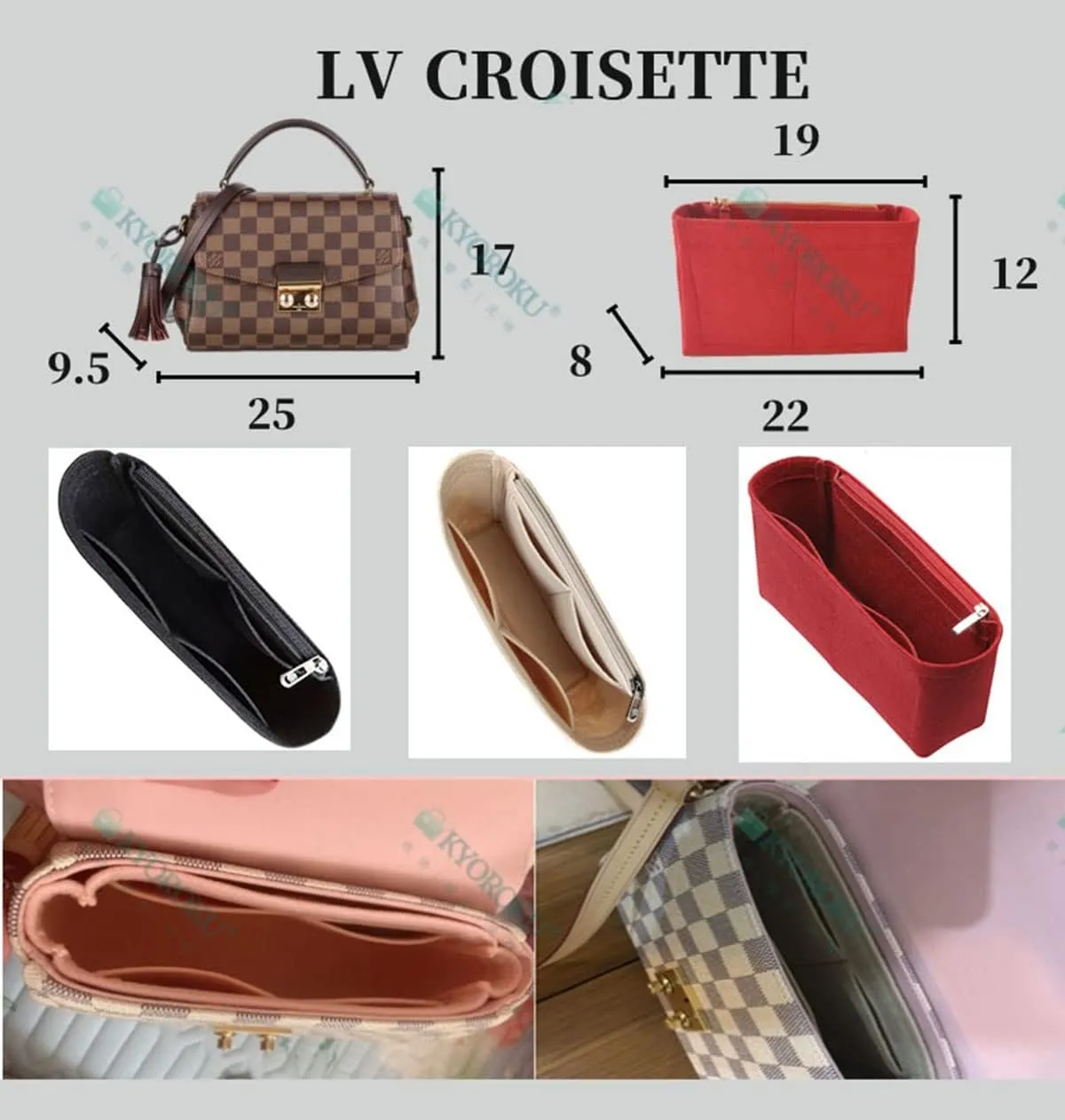 Lckaey Purse Organizer for CROISETTE handbag tassel bag felt Organizer insert2089red