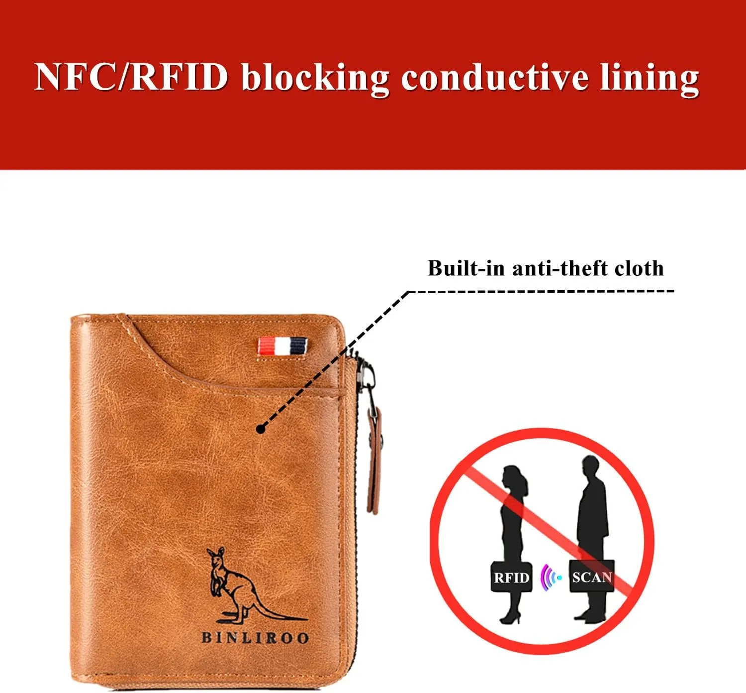 Leather Wallet for Men with zipper, RFID blocking bifold wallets with Separate ID Card window Cartera Para Hombre(khaki)